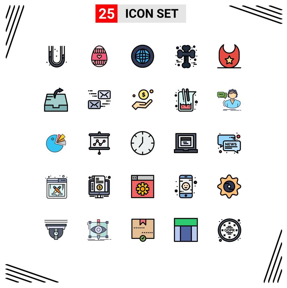 User Interface Pack of 25 Basic Filled line Flat Colors of scary crossed center cross bone support Editable Vector Design Elements