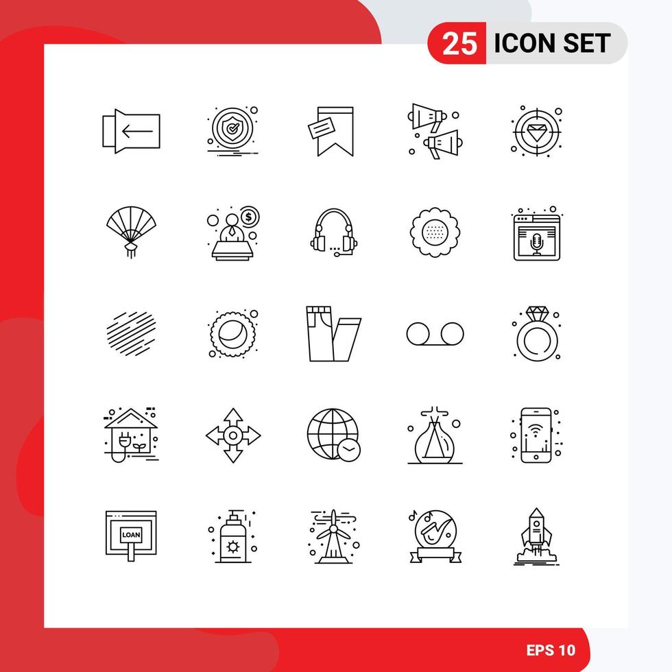 25 User Interface Line Pack of modern Signs and Symbols of target finance tag diamond sound Editable Vector Design Elements