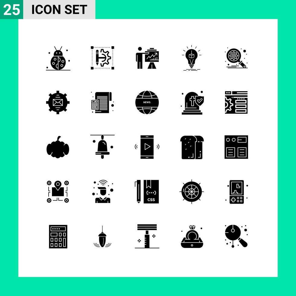 Universal Icon Symbols Group of 25 Modern Solid Glyphs of cube idea printer graph chart Editable Vector Design Elements