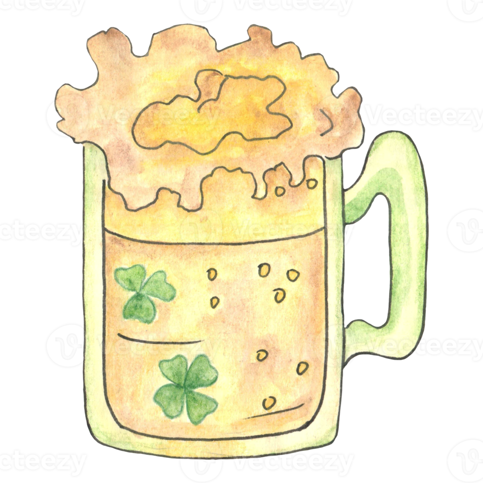 Watercolor st patrick's day beer glass and mug with clover leaves png