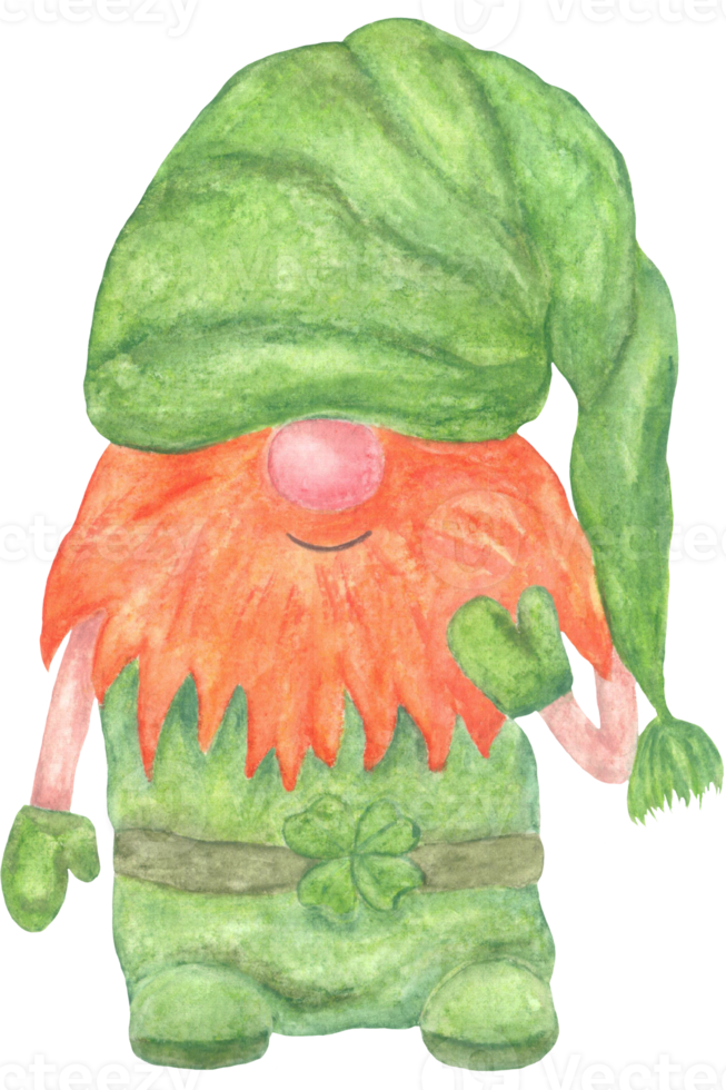 Watercolor traditional leprechaun gnome with red beard and wearing green clothes and gloves with clover for St. Patrick's Day.  Patric clover leaf png