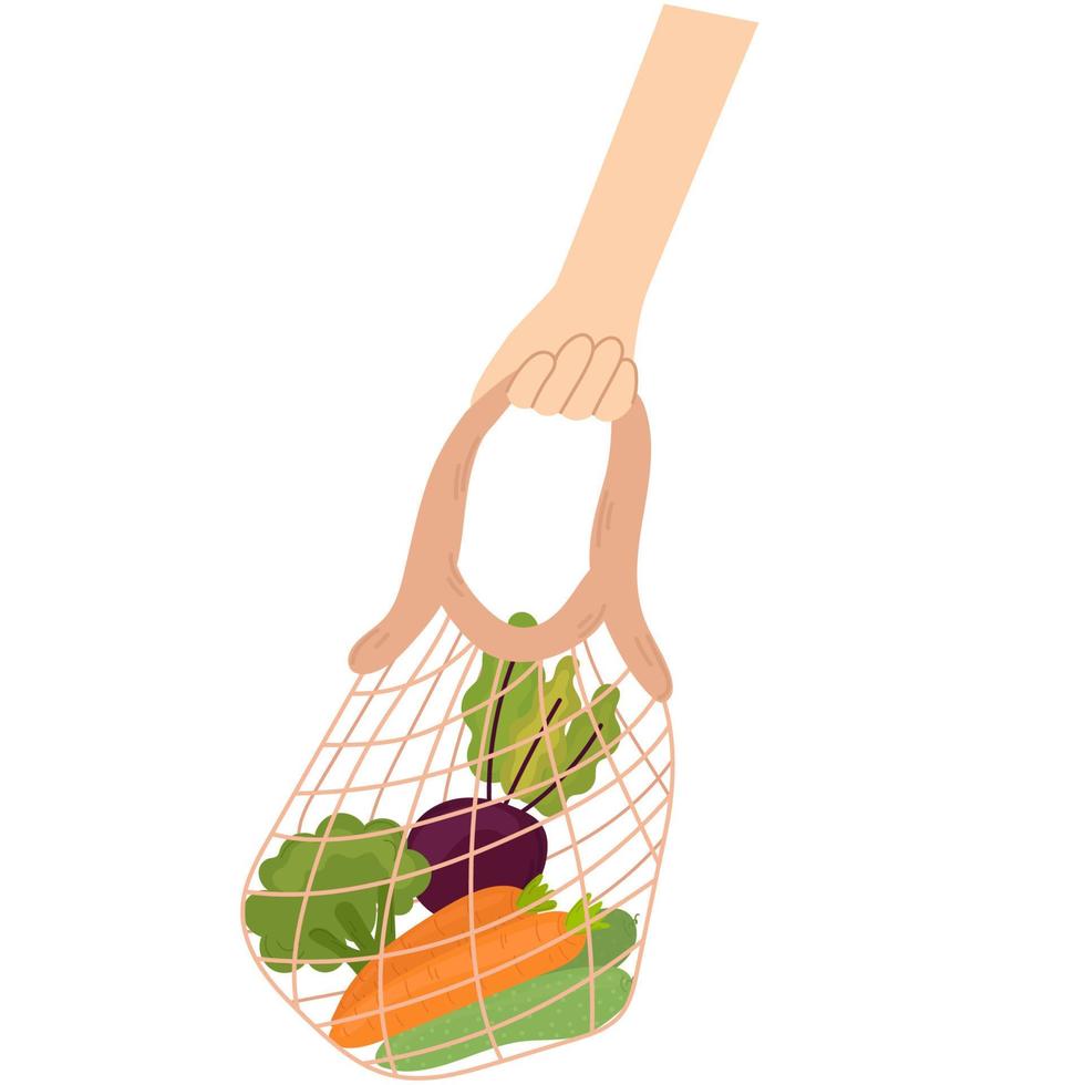 mano sosteniendo bolsas de hilo con verduras. bonito embalaje ecológico dibujado a mano y concepto de cero residuos. vector