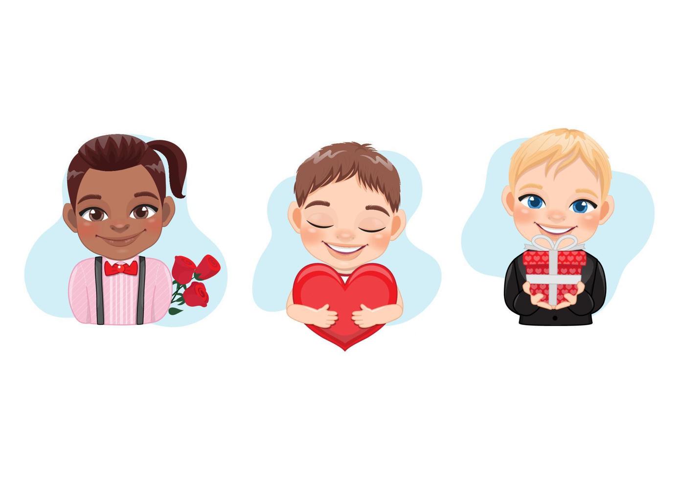 Set of vector illustration cartoon of little multicultural boys in Valentine concept, hugging heart, holding gift box and rose flower cartoon character.