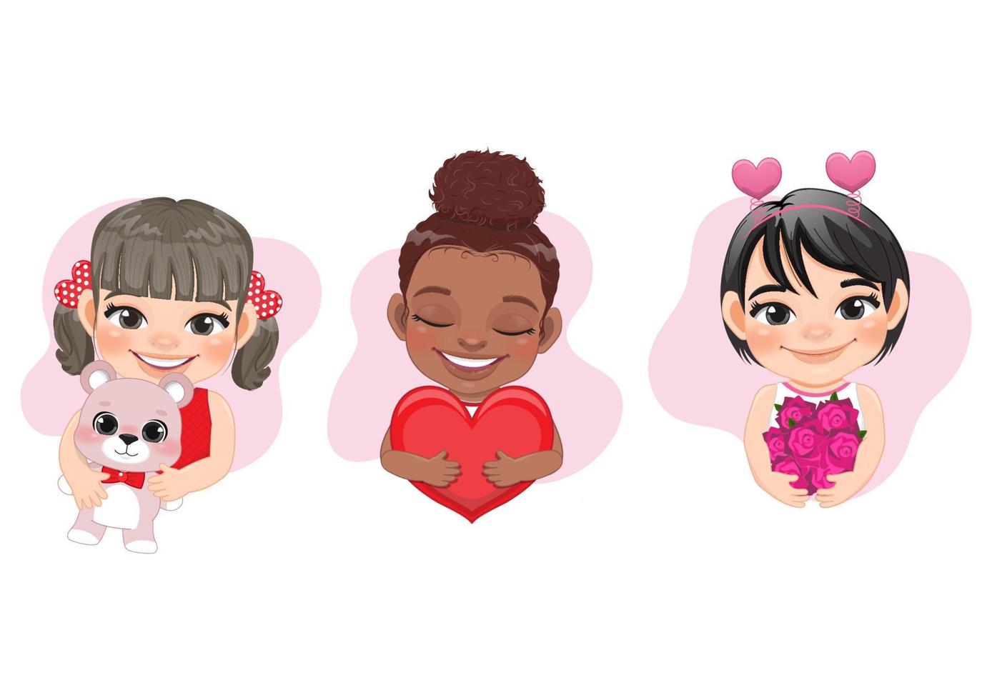 Set of vector illustration cartoon of little multicultural girls in Valentine concept, hugging heart, holding teddy bear and rose flower cartoon character.
