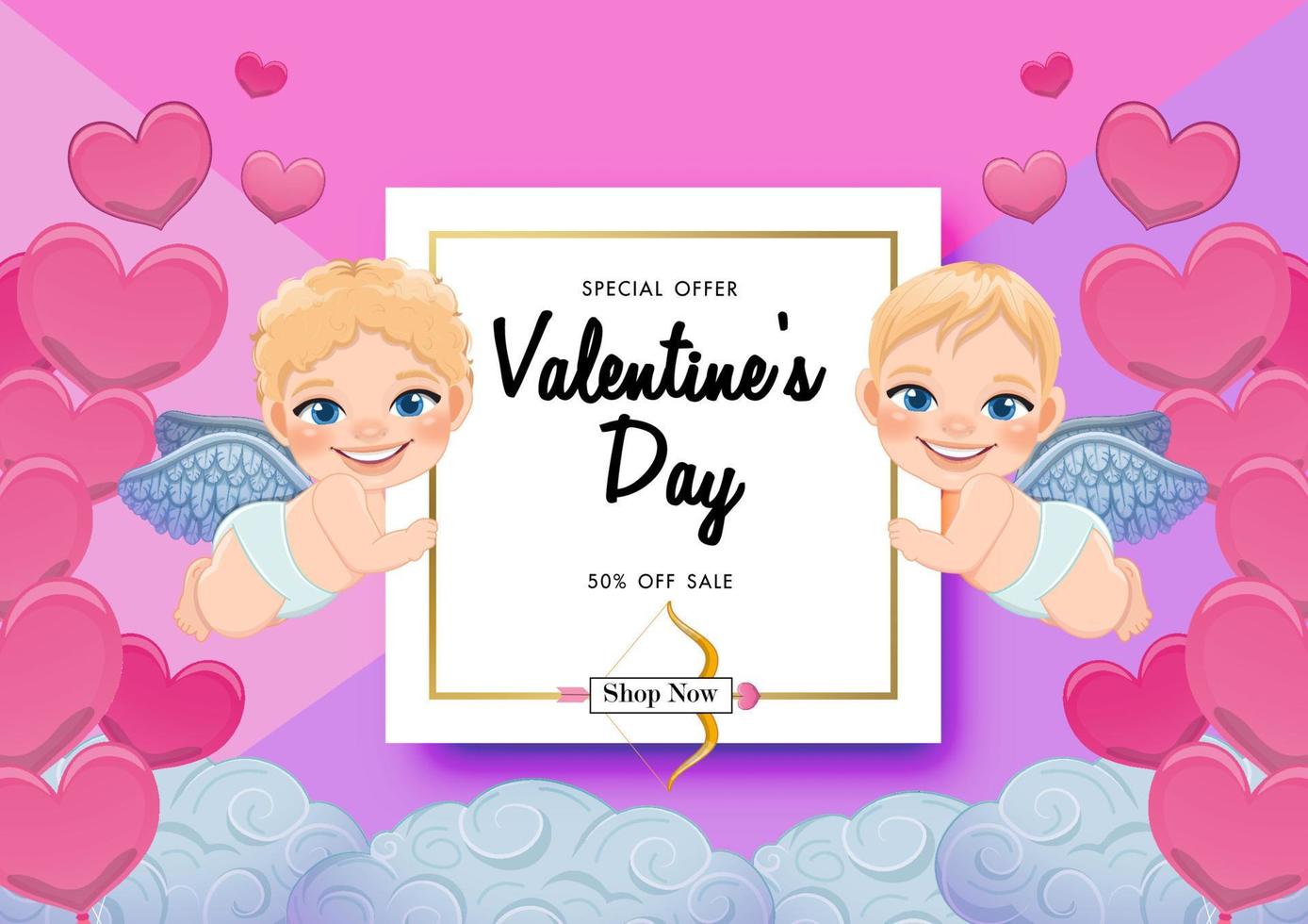 venta del día de san valentín sobre fondo pastel con lindos cupidos y globos de corazón vector