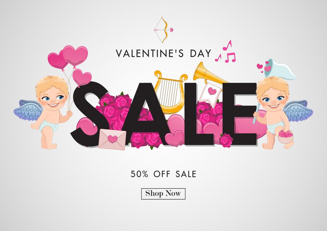 venta del día de san valentín sobre fondo blanco con cupido lindo y vector de elementos de san valentín