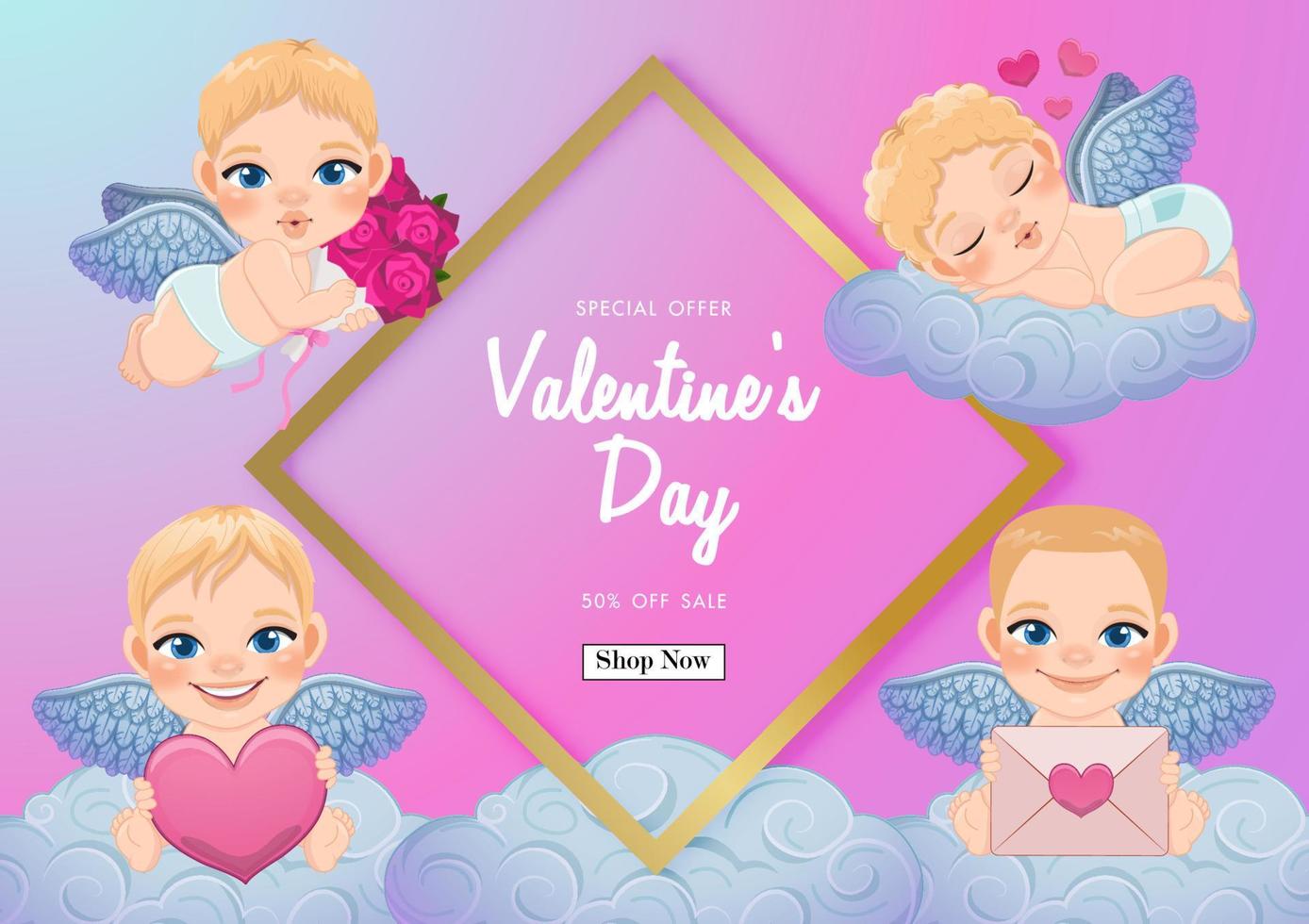 Valentine day sale background with cute cupids different activity on pastel sky vector