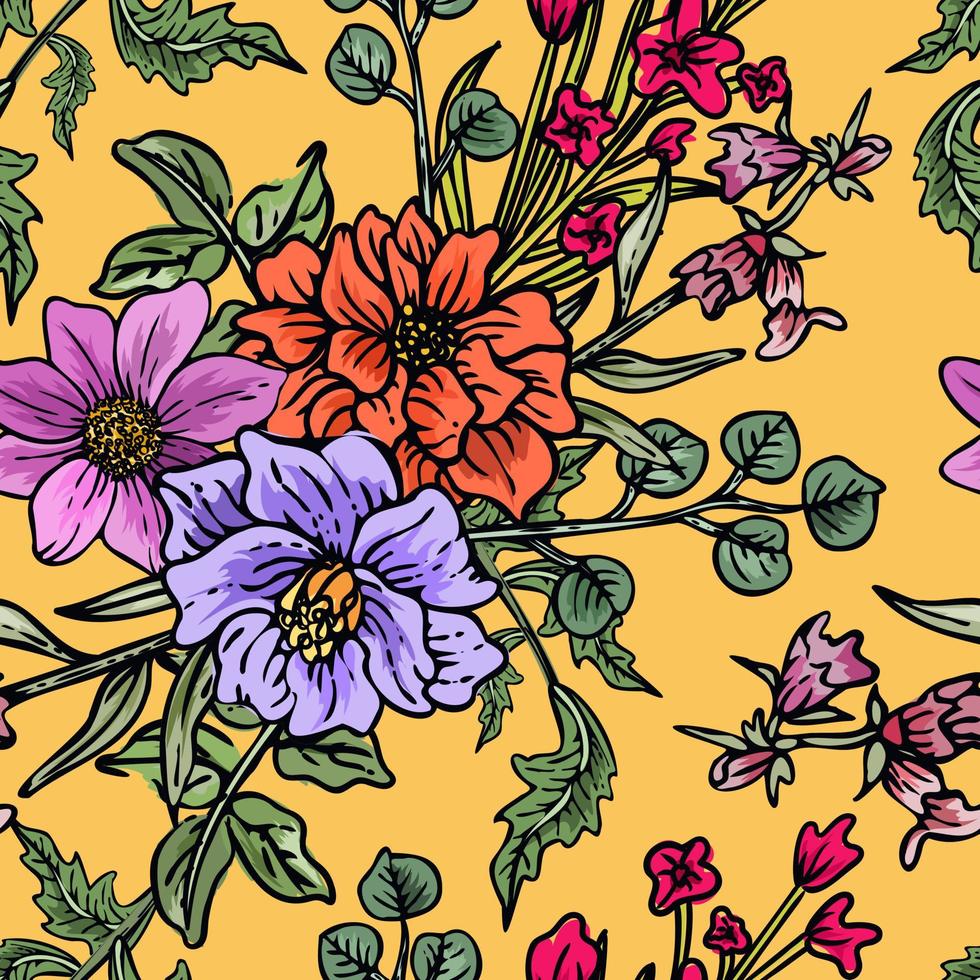 Hand drawn elegant colorful seamless pattern with botanical floral design illustration vector