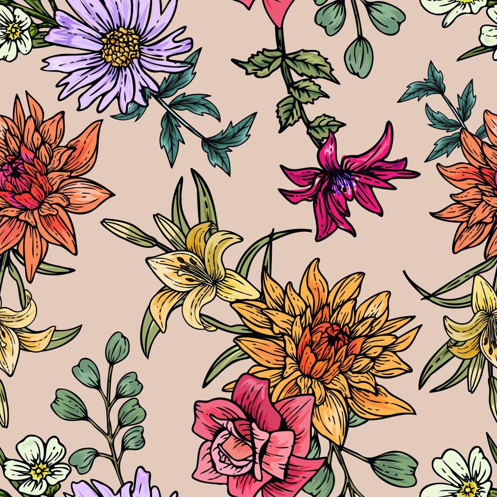 Hand drawn elegant colorful seamless pattern with botanical floral design illustration vector