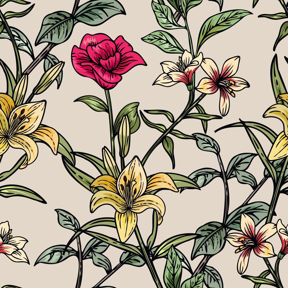 Hand drawn elegant colorful seamless pattern with botanical floral design illustration vector