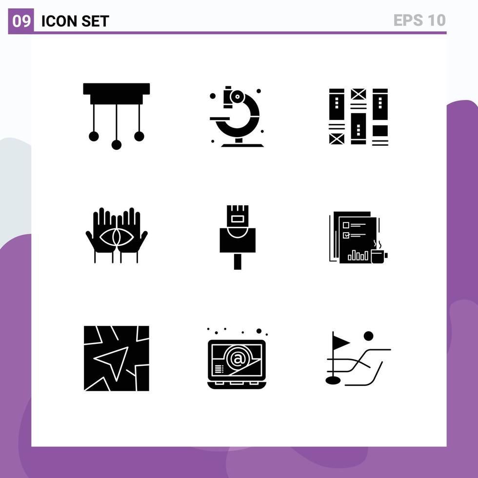 Set of 9 Commercial Solid Glyphs pack for cable mystery wireframing medium conspiracy Editable Vector Design Elements