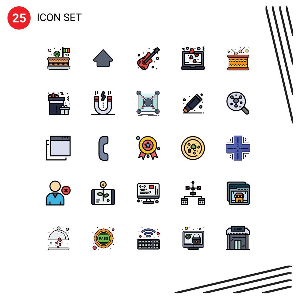 Set of 25 Vector Filled line Flat Colors on Grid for music drum guitar romance laptop Editable Vector Design Elements