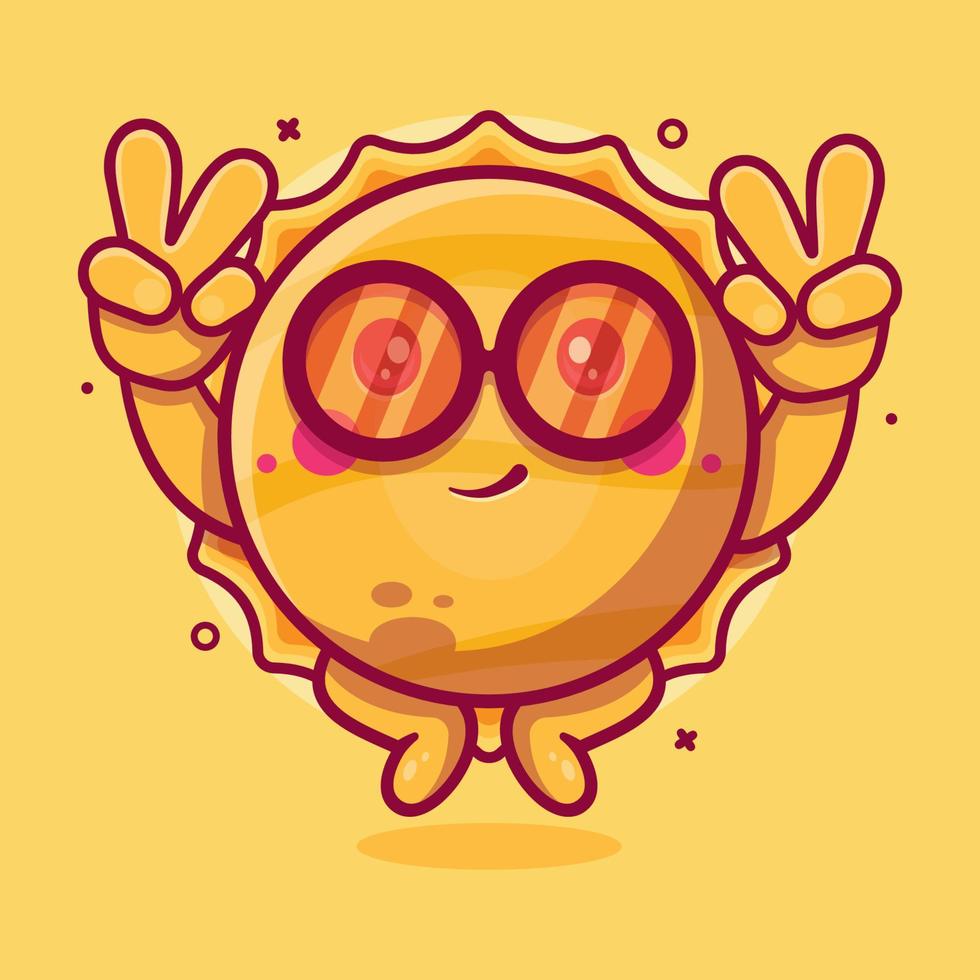 mascota de personaje de sol divertido con gesto de mano de signo de paz dibujos animados aislados en diseño de estilo plano vector