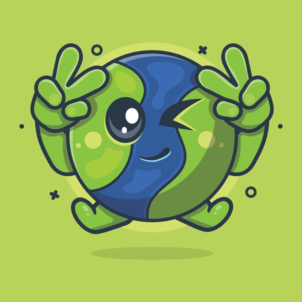 cute earth character mascot with peace sign hand isolated cartoon in flat style design vector