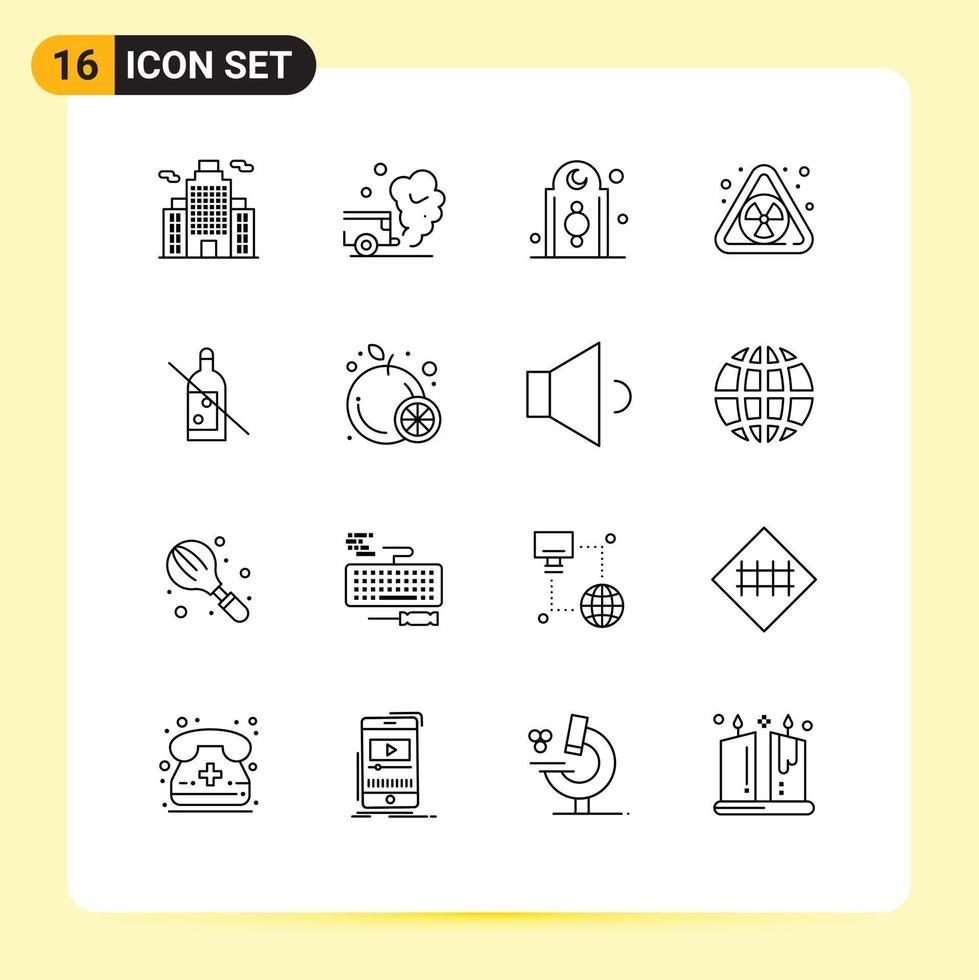 16 Thematic Vector Outlines and Editable Symbols of bottle forbidden waste decoration pollution mosque Editable Vector Design Elements