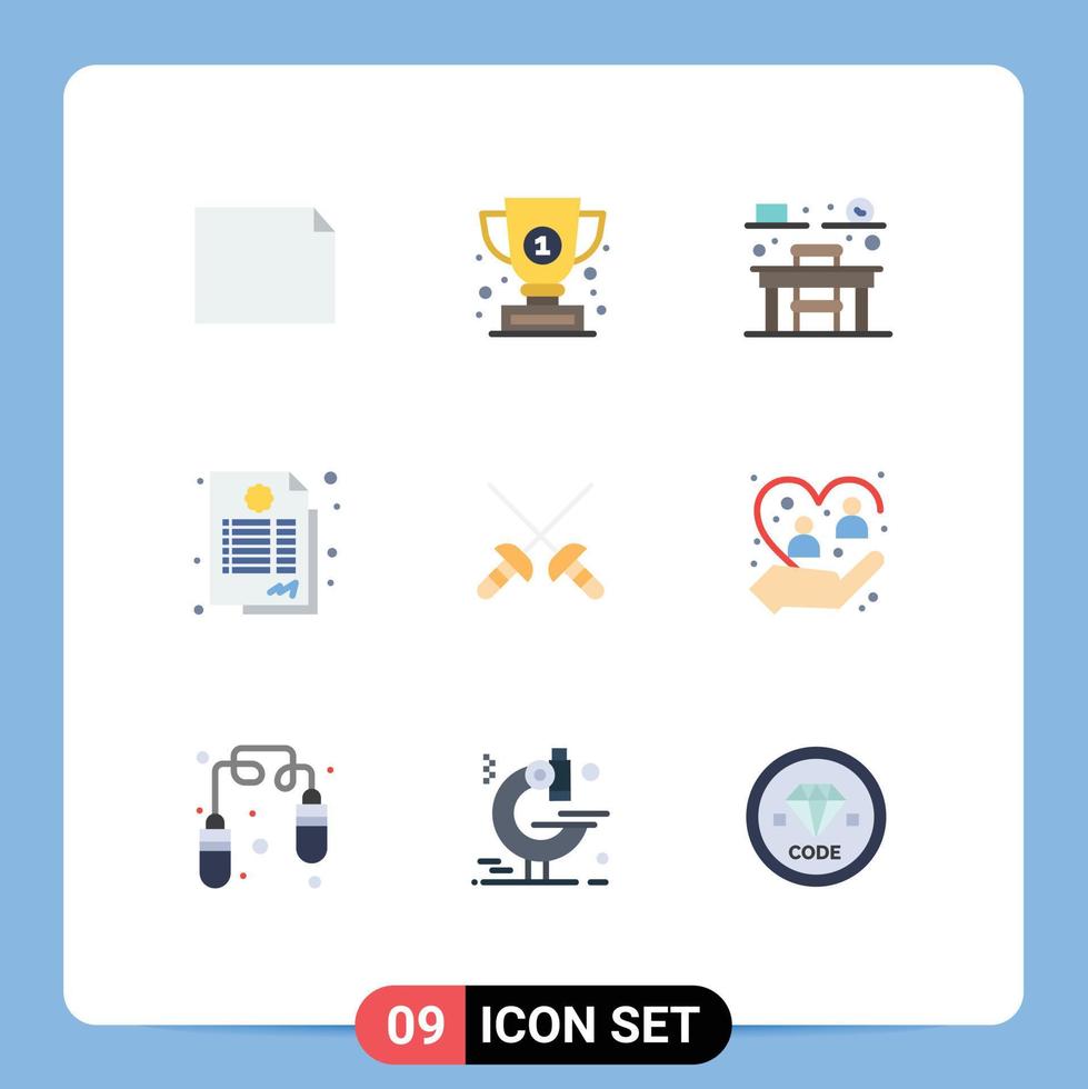 Group of 9 Modern Flat Colors Set for care sabre education fencing guarantee Editable Vector Design Elements