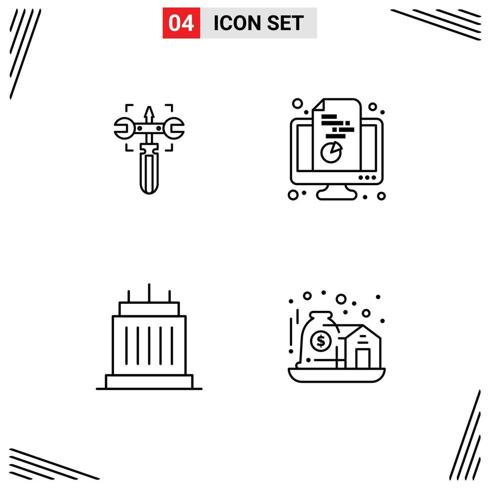 Mobile Interface Line Set of 4 Pictograms of setting buildings screw monitor landmarks Editable Vector Design Elements