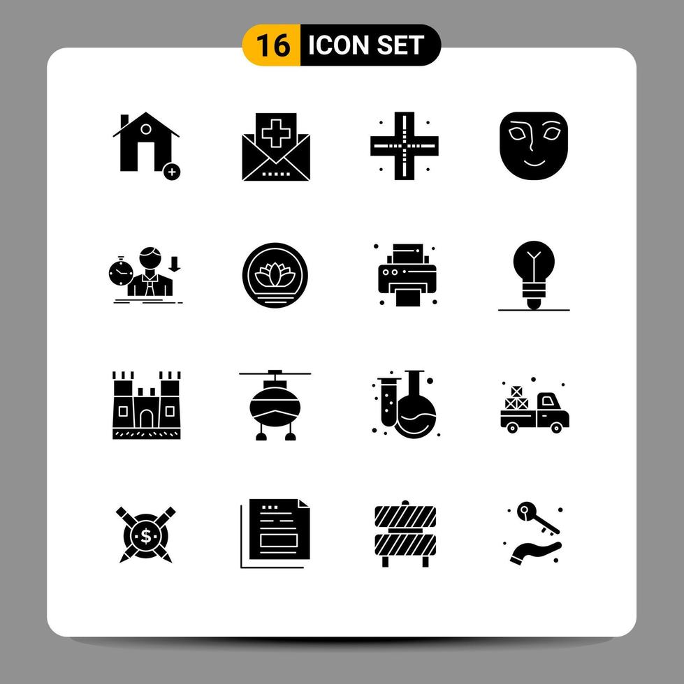 Modern Set of 16 Solid Glyphs and symbols such as failure happy mail face technology Editable Vector Design Elements