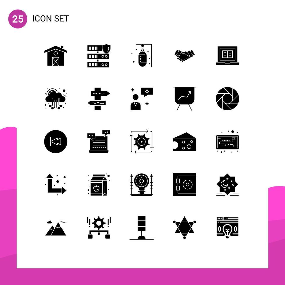 Pack of 25 creative Solid Glyphs of book business boxer handshake agreement Editable Vector Design Elements