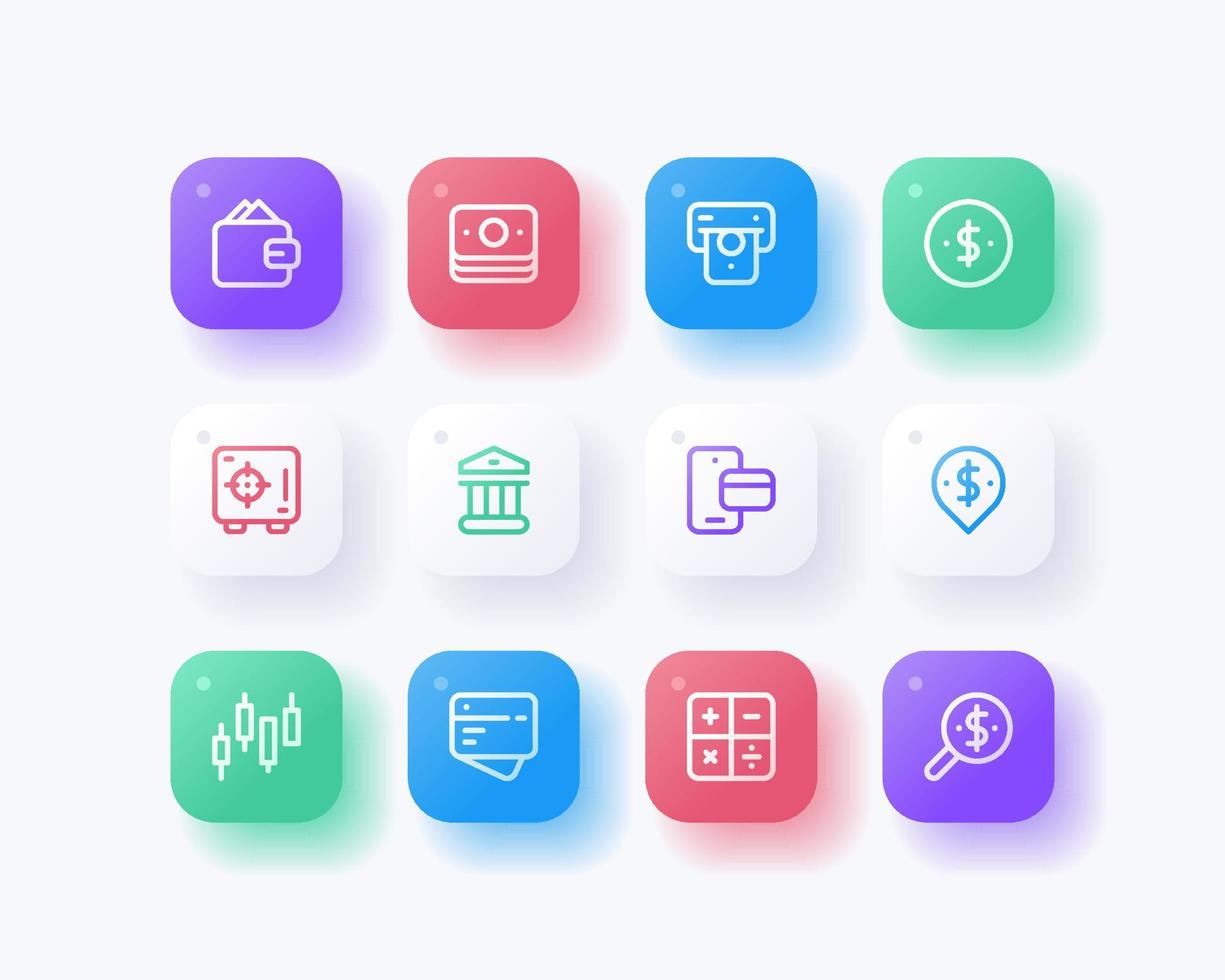 Colorful Jelly Style in Line UI Icons Set for Banking Apps vector