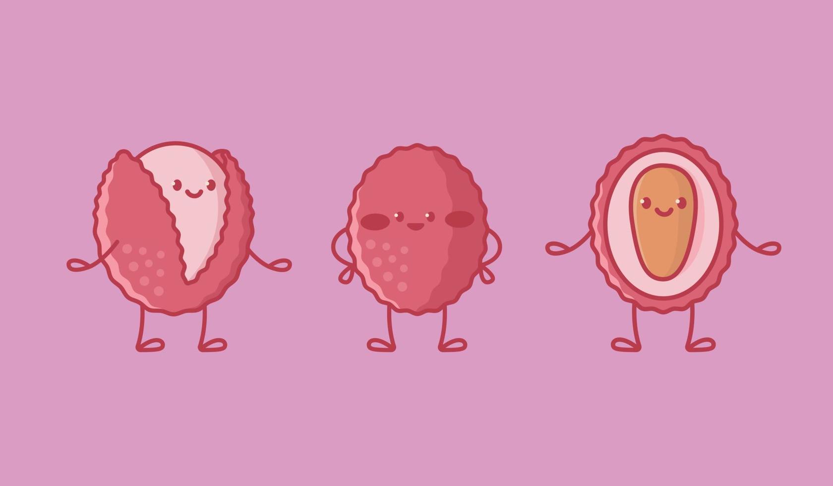 Set of kawaii lychee characters vector