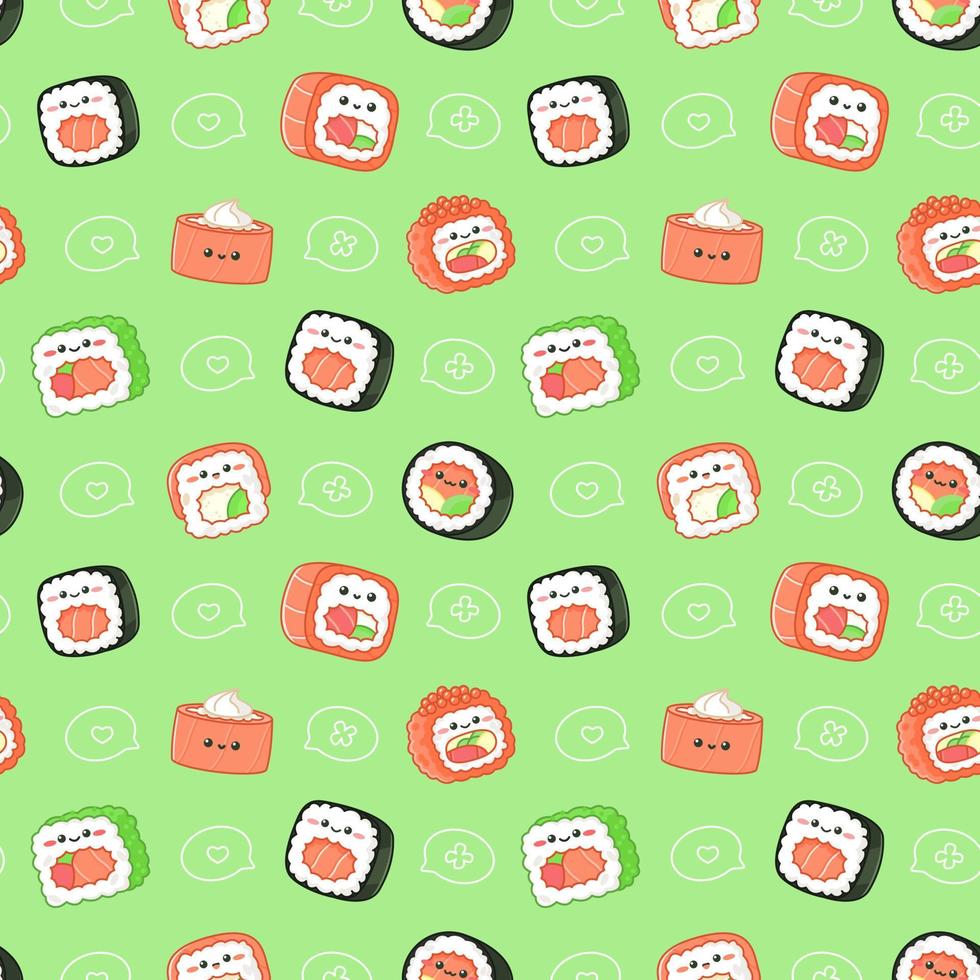 Seamless pattern with various kawaii sushi. Green background vector