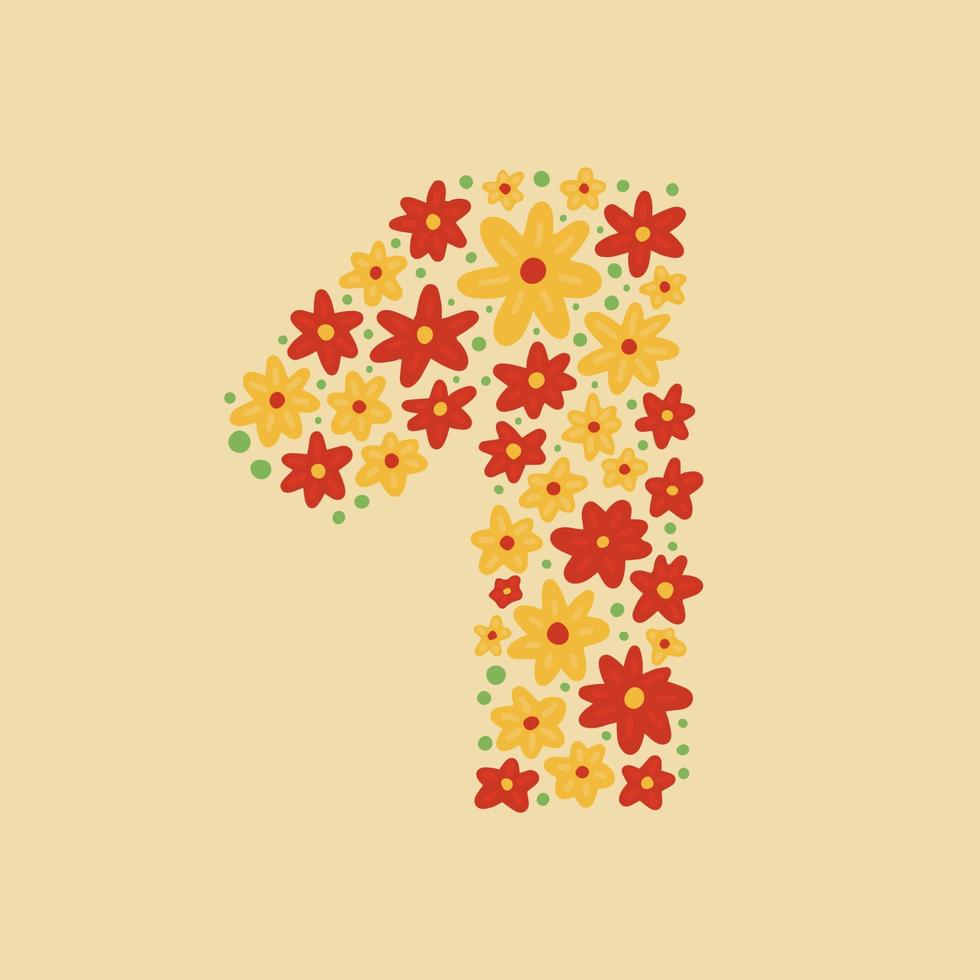 Number 1, folk floral number with flowers, hand drawn illustration
