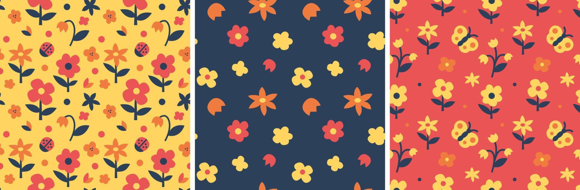 Abstract seamless pattern with flowers, ladybug and butterfly vector