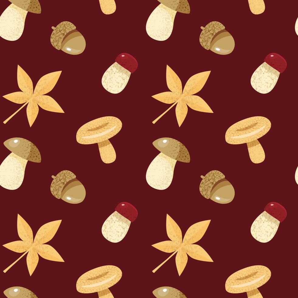 Autumn seamless pattern with mushrooms, acorn and yellow leaves vector