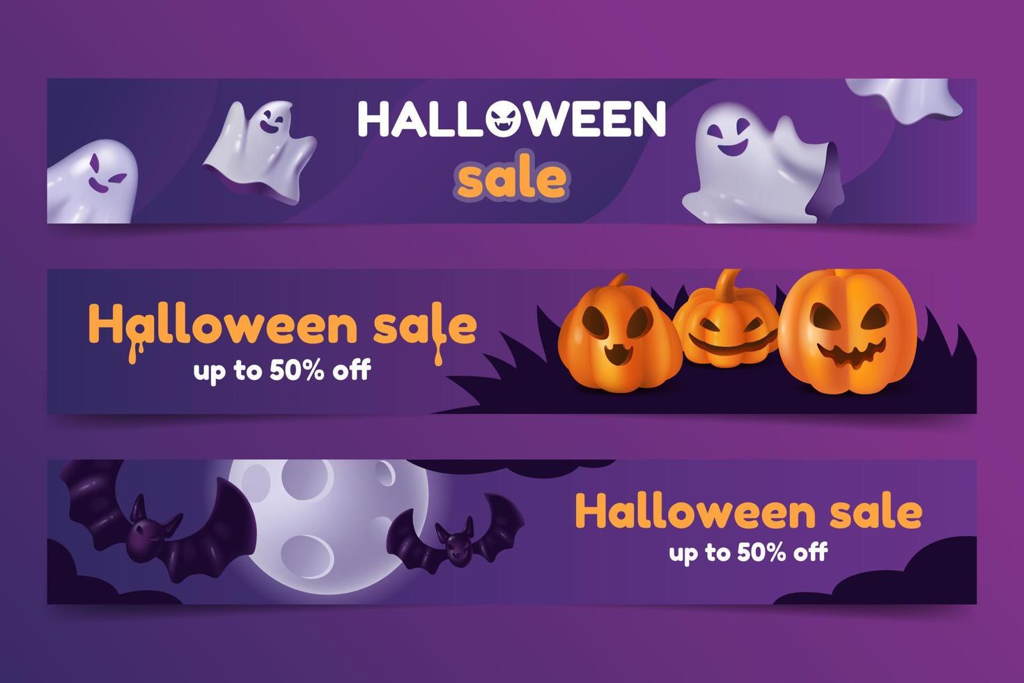 Set of halloween sale horizontal banners with pumpkins, ghosts and bats vector