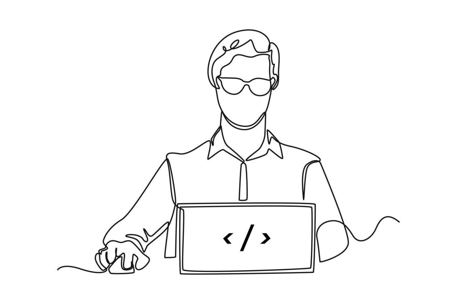los programadores o desarrolladores de dibujo de una sola línea crean código de lenguaje de programación frente a la computadora portátil. concepto de código de programación. ilustración de vector gráfico de diseño de dibujo de línea continua.