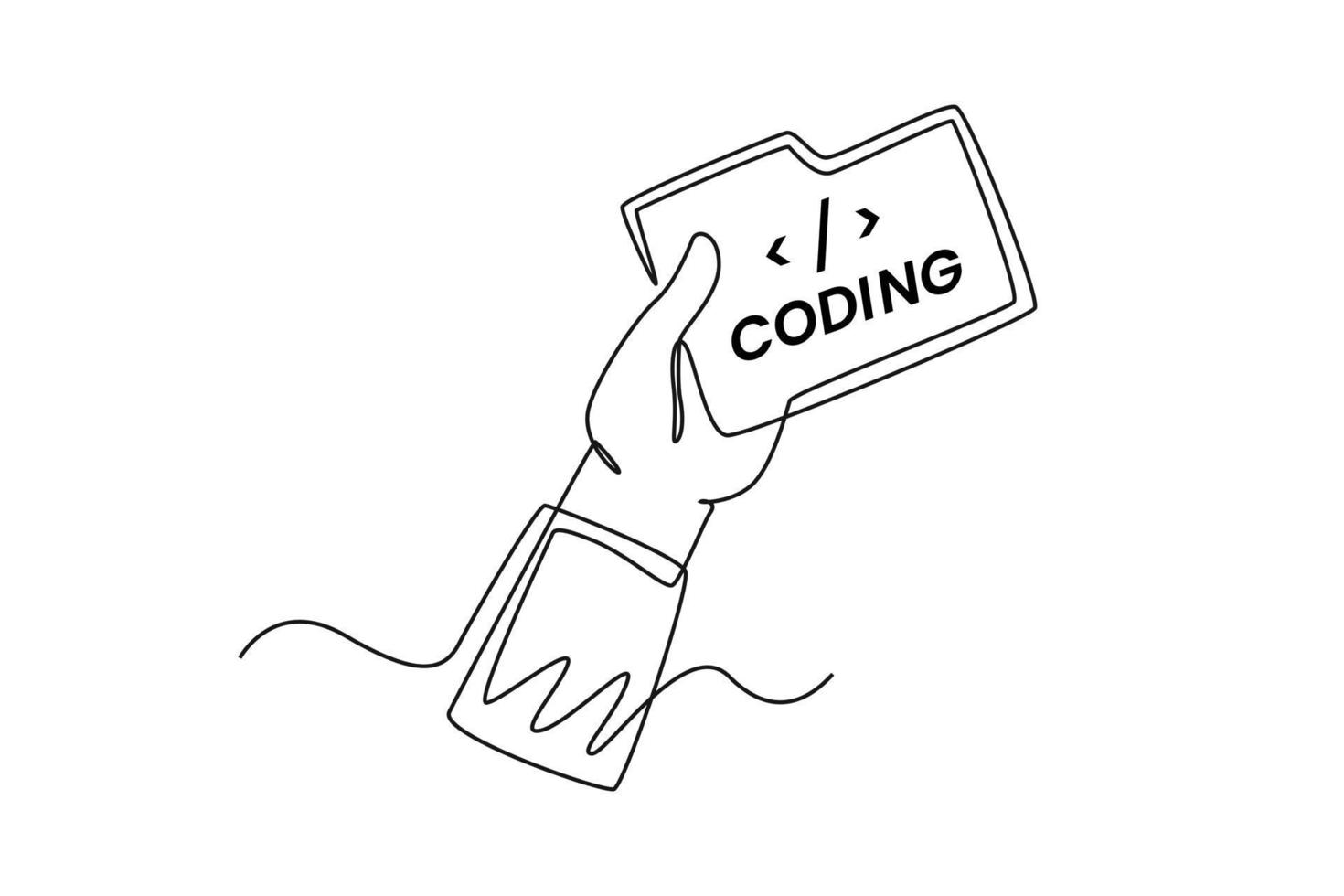Single one line drawing hand holding coding file. Programming code concept. Continuous line draw design graphic vector illustration.