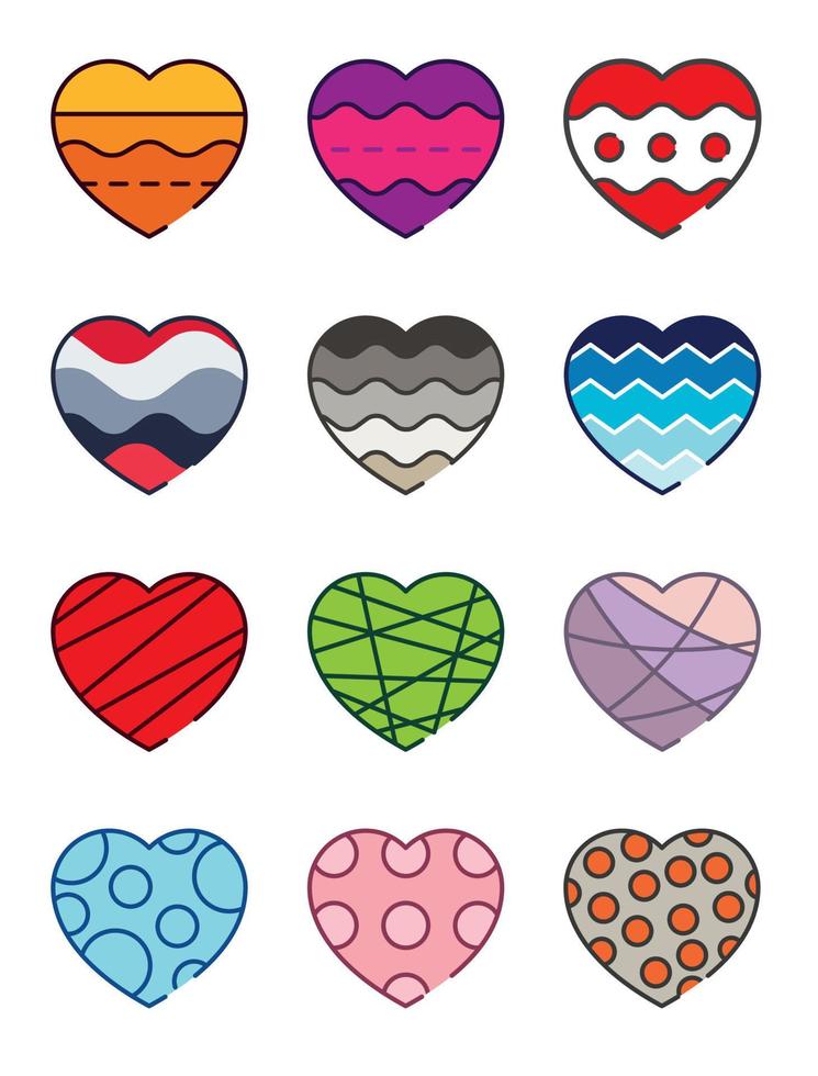 12 colorful hearts. Vector shapes.