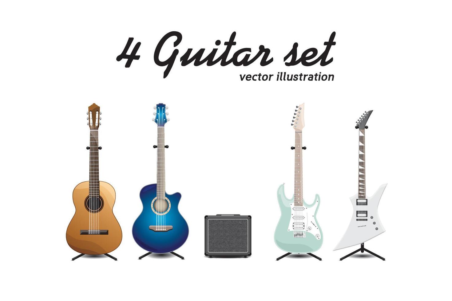 4 guitars set plus speaker. Vector illustration