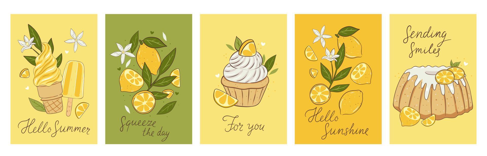 Set of postcards with lemons and lemon desserts. Vector graphics.