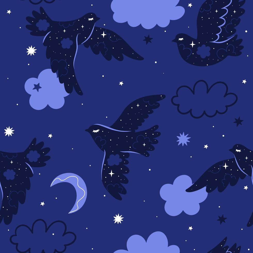 Seamless pattern with night birds in boho style. Vector graphics.