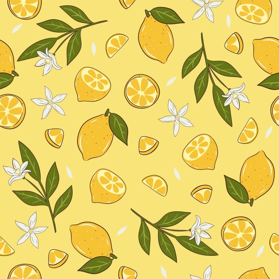 Seamless pattern with lemons, twigs, flowers and lemon slices. Vector graphics.