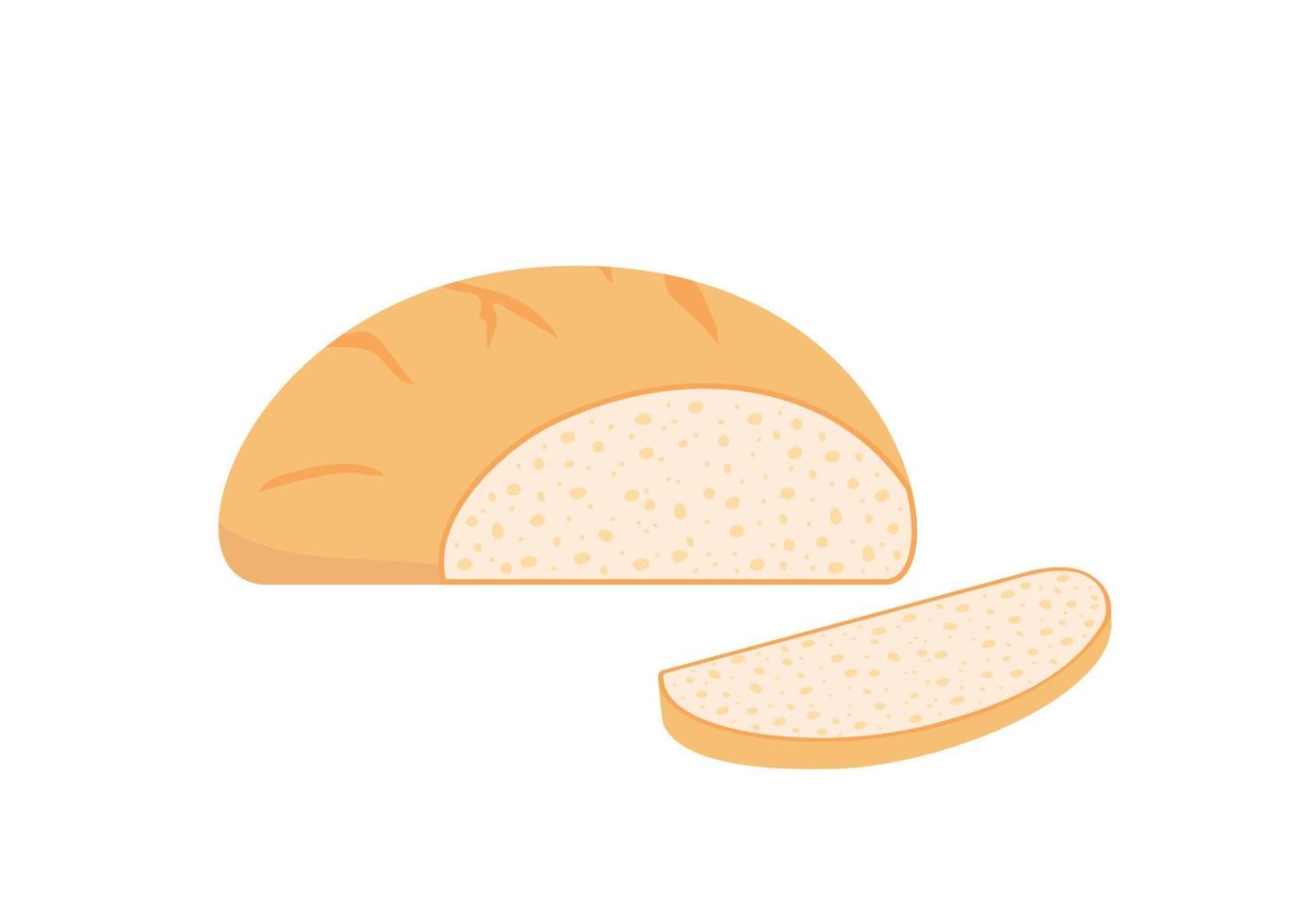 Pastry bread from wheat, bakery food, bun. Circle loaf with cut slice. Vector illustration