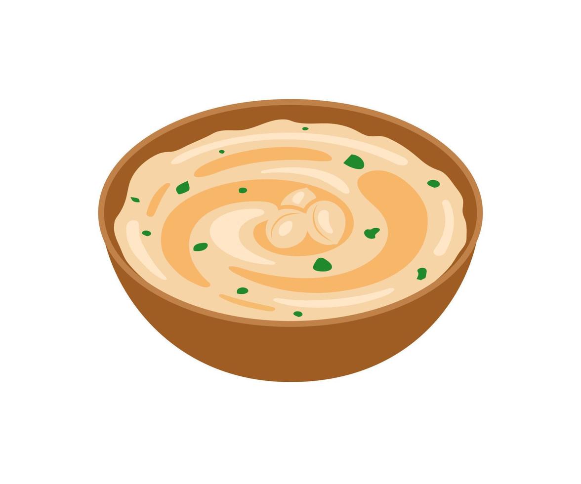 Chickpeas hummus, sauce puree food in bowl. Traditional arabic food. Vegetarian vegan protein meal. Cream puree from bean. Vector illustration