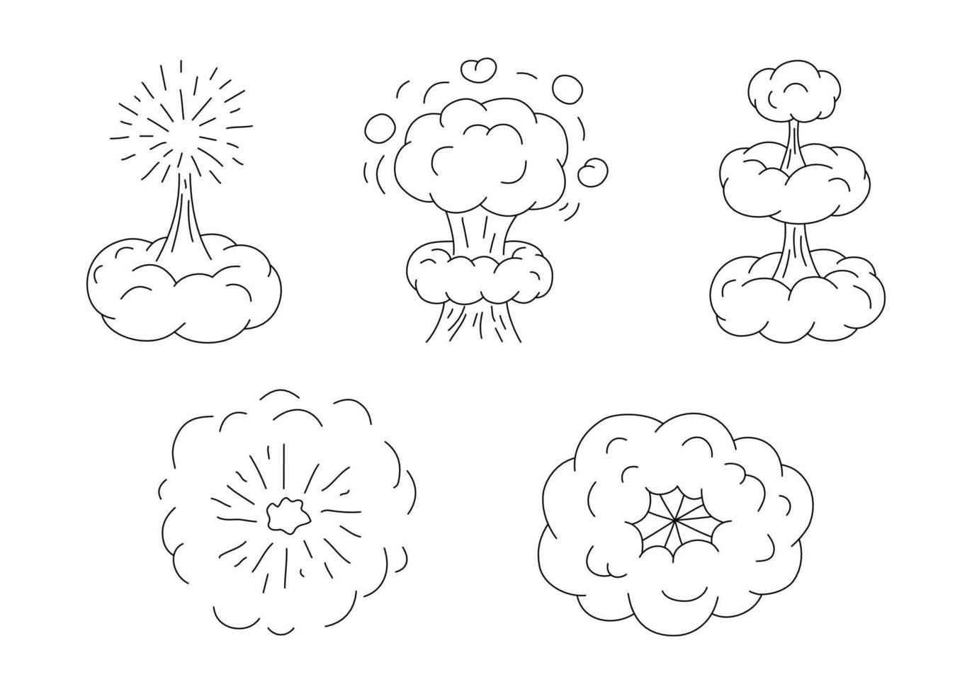 Explosion with cloud of smoke, effect steam, doodle line set. Hand drawn element splash, stepwise and wave cloud from burst. Collection outline sketch. Vector illustration