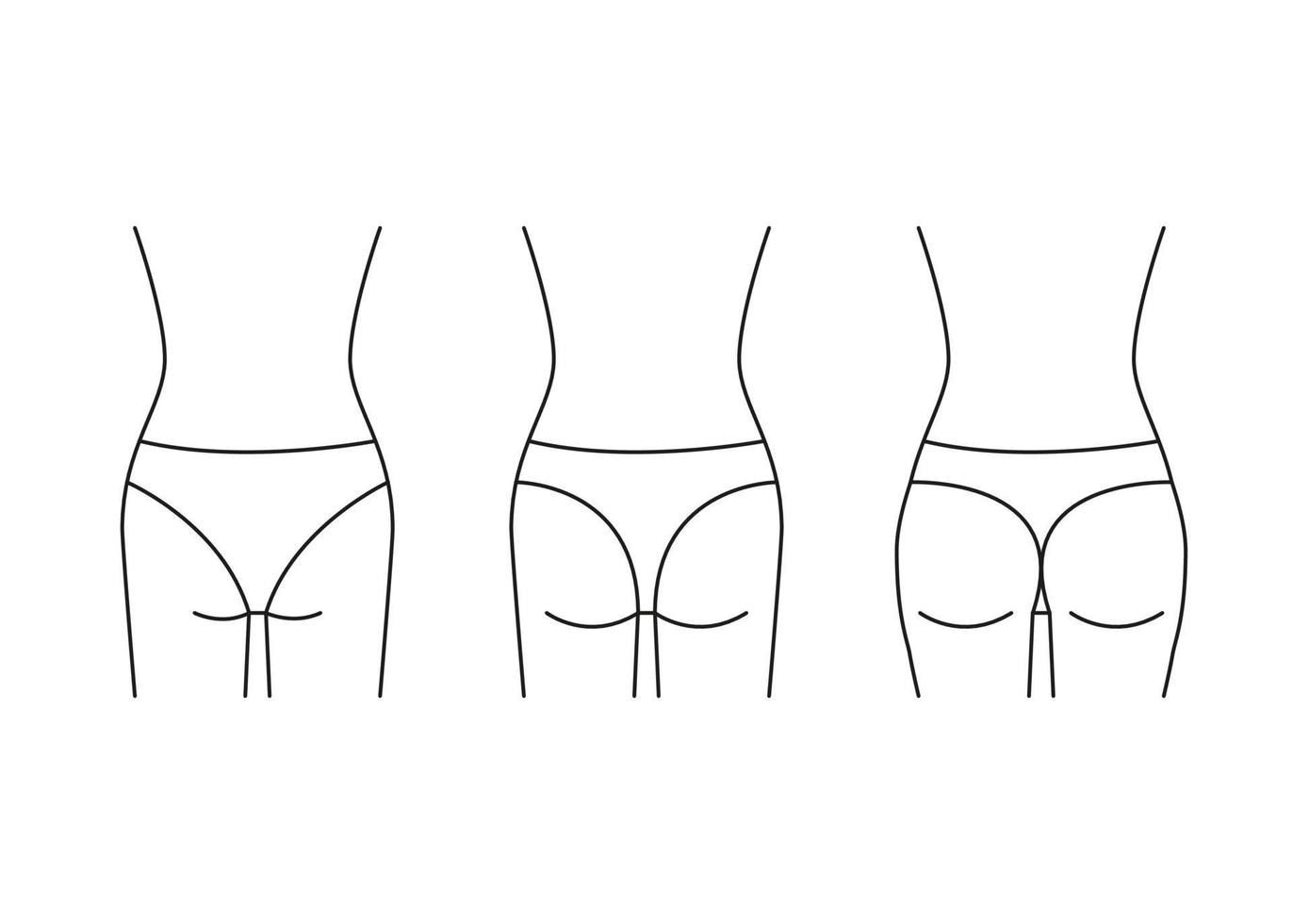 Types of butt woman, shape buttock back, line icon. Augmentation, reshape buttocks from small, flat in full booty. Cosmetic medical procedures, clinic of plastic surgery. Vector outline illustration
