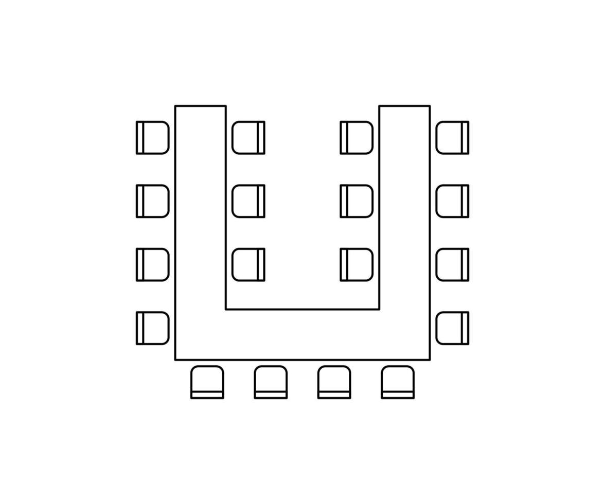 plan para organizar asientos y mesas en el interior, diseño de elementos de esquema gráfico. iconos de sillas y mesas en el plan arquitectónico del esquema. muebles de oficina y hogar, vista superior. línea vectorial vector