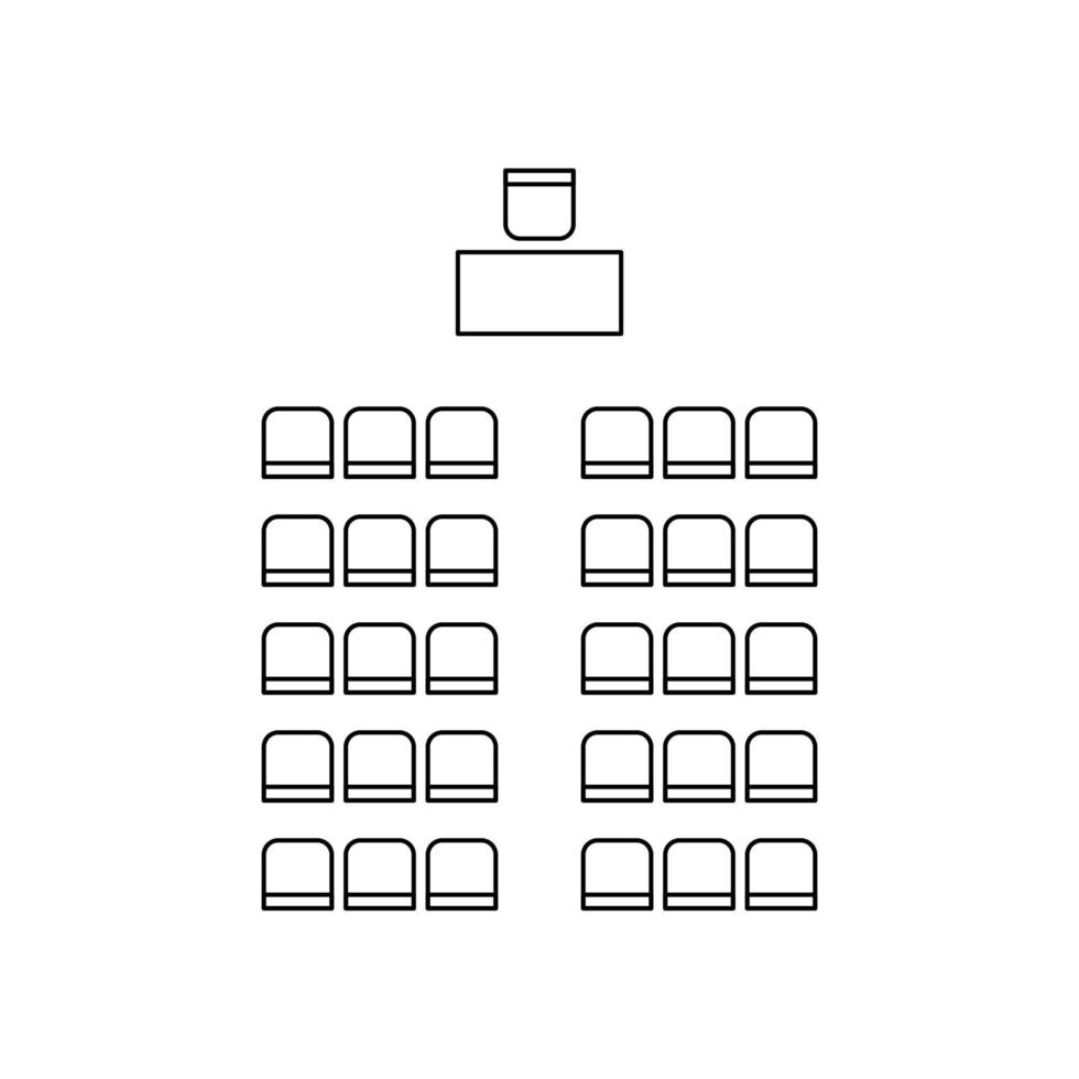 conjunto de planes para la disposición de asientos en el interior, auditorio con lugar para espectadores, aula, teatro, sala de conferencias, elementos de esquema de diseño. iconos de sillas y mesas de esquema. vista superior de los muebles.línea vectorial vector