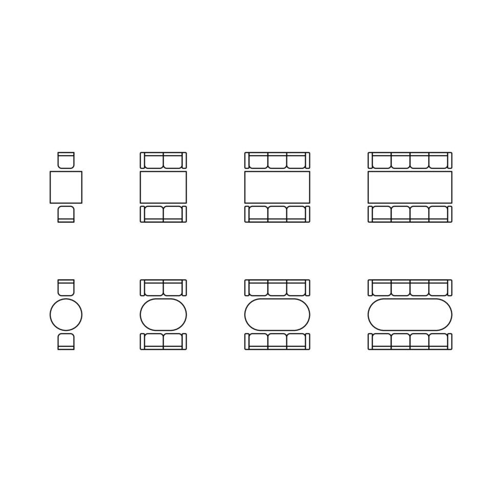 conjunto de planes para organizar asientos, sillas, sofás y mesas en el interior, elementos de contorno gráfico de diseño. iconos de sillas y mesas en el plan arquitectónico del esquema. muebles de oficina y hogar, vista superior. vector