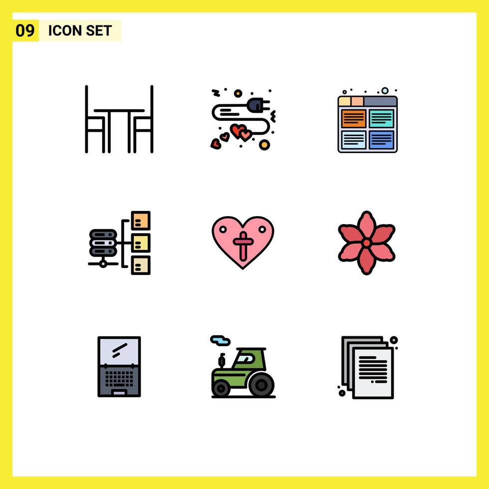 Modern Set of 9 Filledline Flat Colors and symbols such as social server heart network process Editable Vector Design Elements