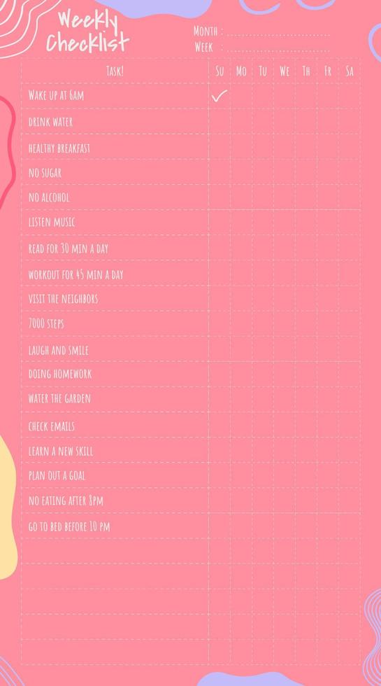 Pink Colorful Pastel Cute Abstract Weekly Checklist vector