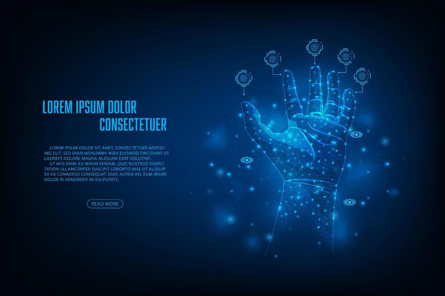 Vector pointing wireframe hand scan technology with concept cyber security. Futuristic technology abstract background.