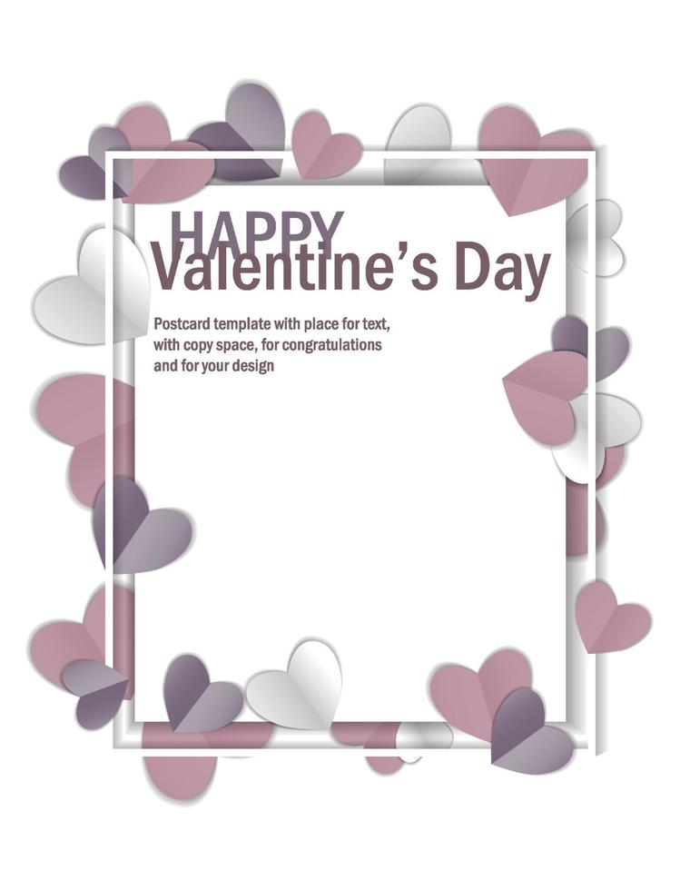 Valentines day background with copy space, vector illustration. 3d, pink, gray, white colors hearts on white background, banner. Valentines day card