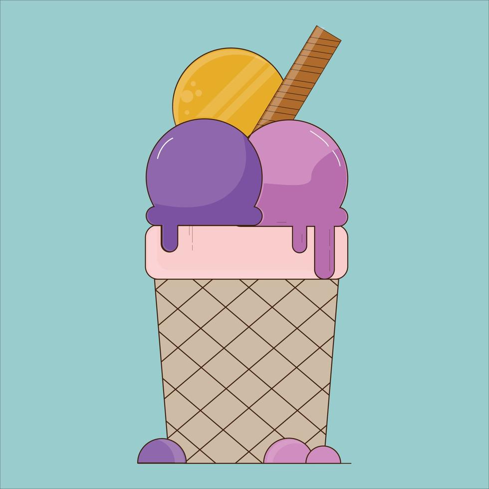 Ilustración de vector de icono de helado con crema de colores y capa. hermoso diseño de helado con 3 cremas de diferentes colores en un recipiente.