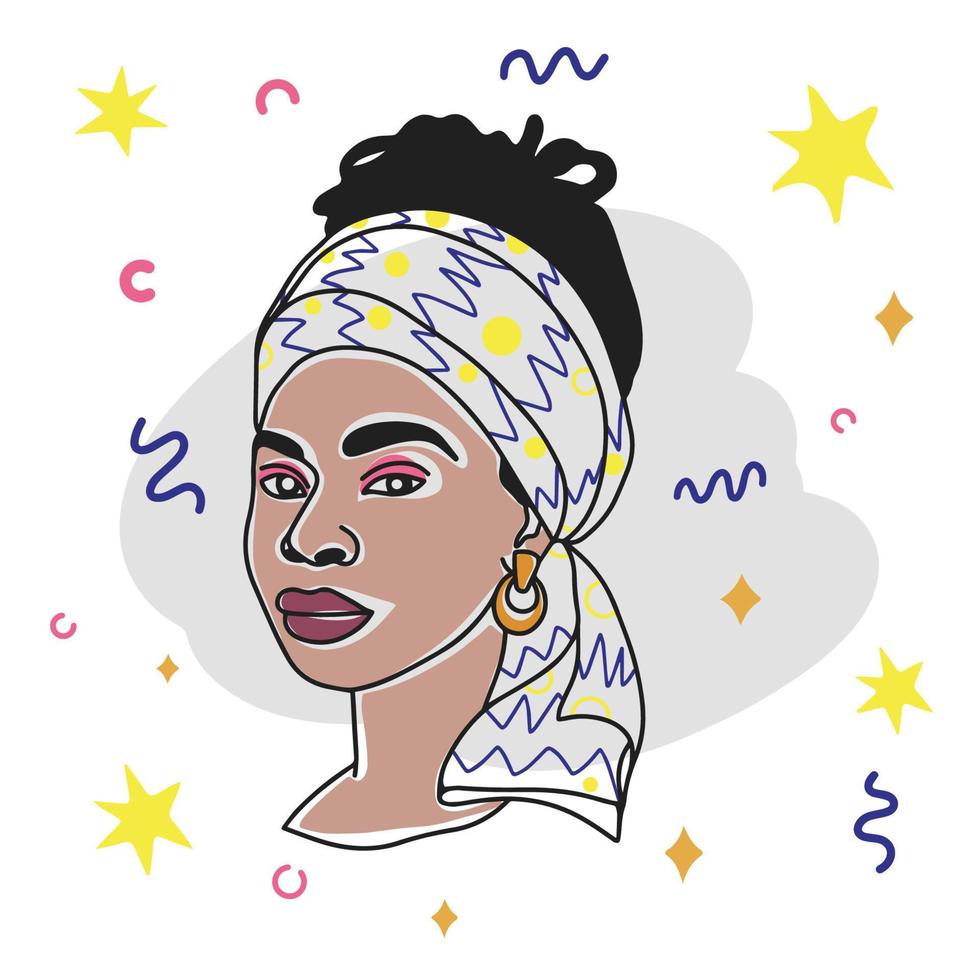 African woman portrait, banner decoration, colored people, doodle vector